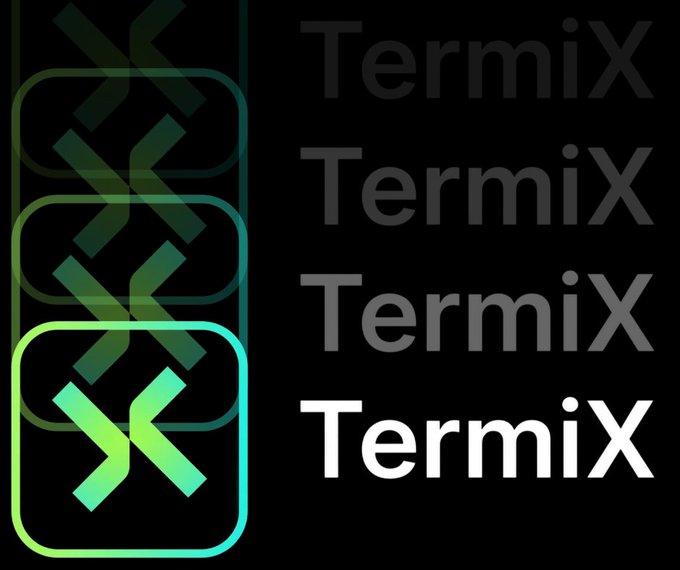 A logo design featuring stacked X-shaped icons in green gradients alongside repeated 'TermiX' text in varying opacity.