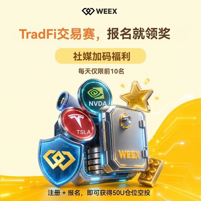 A promotional banner from WEEX advertising a TradFi trading competition with a 50U airdrop reward for signing up, limited to the first 10 daily participants through social media, featuring NVDA, TSLA, and WEEX branded icons alongside a golden safe and treasure.