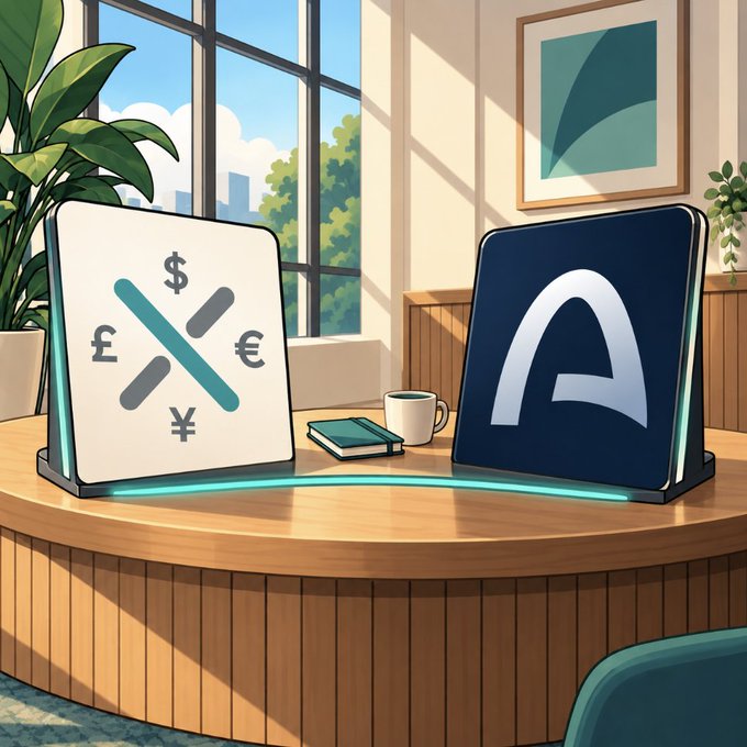 An illustrated scene showing a financial/currency exchange icon and an 'A' logo displayed on separate tablet-like screens on a wooden desk in a sunlit room.