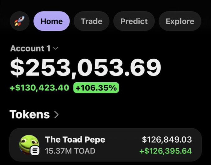 The image shows a crypto wallet display featuring a portfolio worth $253,053.69, with a gain of +$130,423.40 (+106.35%), highlighting a holding of "The Toad Pepe" ($TOAD) valued at $126,849.03. The screenshot is being used to promote a $700 $TOAD giveaway, with the visible gains serving as social proof of the poster's trading success to attract participants.