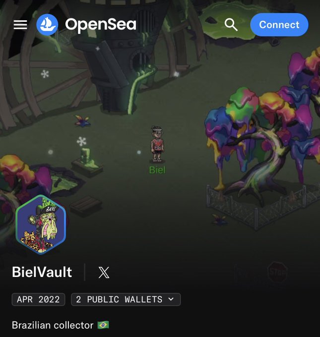The image is a screenshot of an OpenSea profile for "BielVault," a Brazilian collector account created in April 2022 with 2 public wallets, set against a colorful pixel-art background featuring a character labeled "Biel." The image relates to the post about missing hexagon PFPs (profile pictures), as the BielVault account appears to be lacking the characteristic hexagonal profile picture that is typically used on OpenSea.