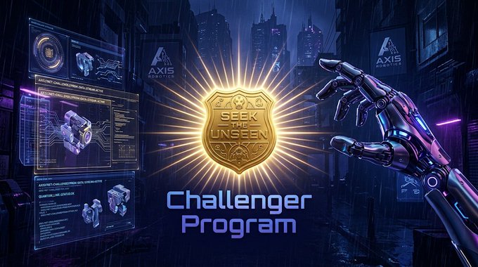 A glowing gold "Seek the Unseen" badge shines at the center of a futuristic cityscape, flanked by a robotic hand and holographic Axis Robotics task displays, promoting the "Challenger Program" with harder tasks offering 2-3x more points for high-quality contributors.