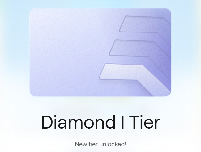 Digital achievement card showing 'Diamond I Tier' with a purple geometric design and the message 'New tier unlocked!'.
