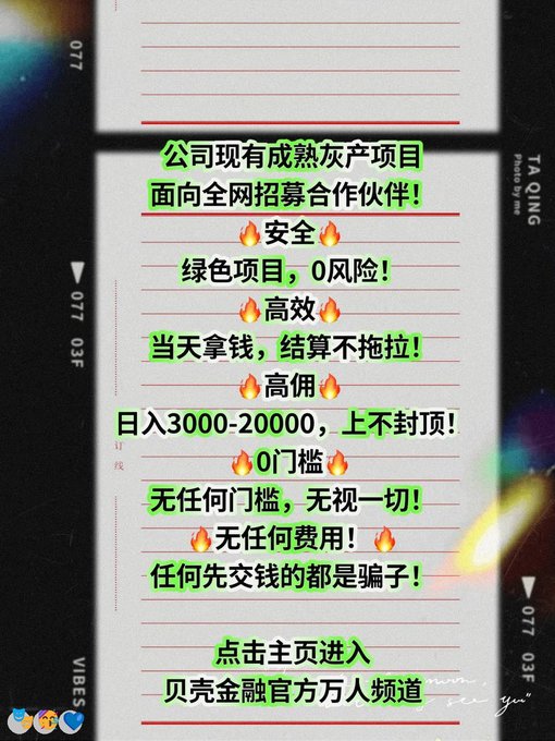 A Chinese-language promotional graphic styled as film negatives advertising a 'mature grey industry project' with claims of high daily income (3000-20000), zero thresholds, and no fees, warning that anyone asking for upfront payment is a scammer.