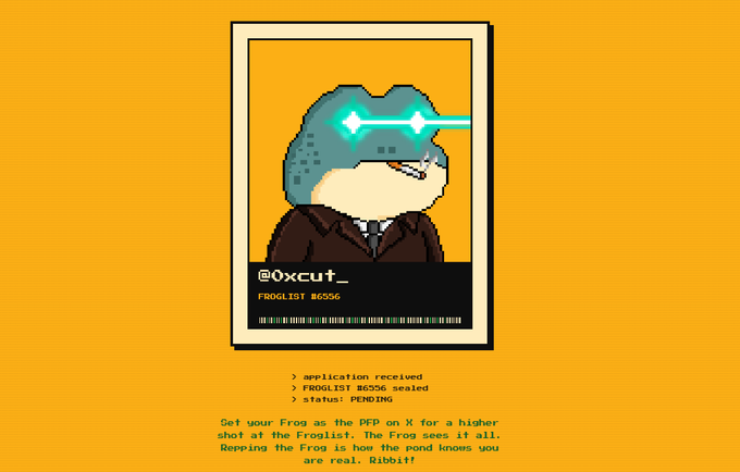 A pixel art 'PFP' ID card on an orange background featuring an anthropomorphic shark character with cyan visor glasses, labeled '@0xcut_' with 'FROGLIST #6556' and 'PENDING' status.