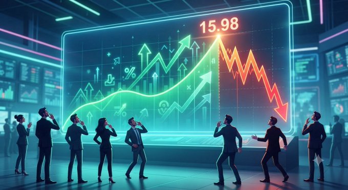 An illustration depicts silhouettes of businesspeople in front of a large screen displaying financial charts with green upward arrows and red downward arrows, showing the number '15.98'.