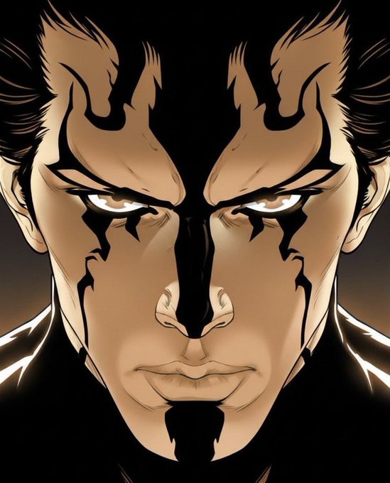 A close-up comic-style illustration of a male character with dark spiky hair, intense glowing eyes, and dramatic black tribal-like markings across his face.