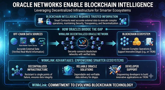 An infographic titled 'ORACLE NETWORKS ENABLE BLOCKCHAIN INTELLIGENCE' detailing how WinkLink decentralized oracle networks bridge off-chain data with blockchain ecosystems.