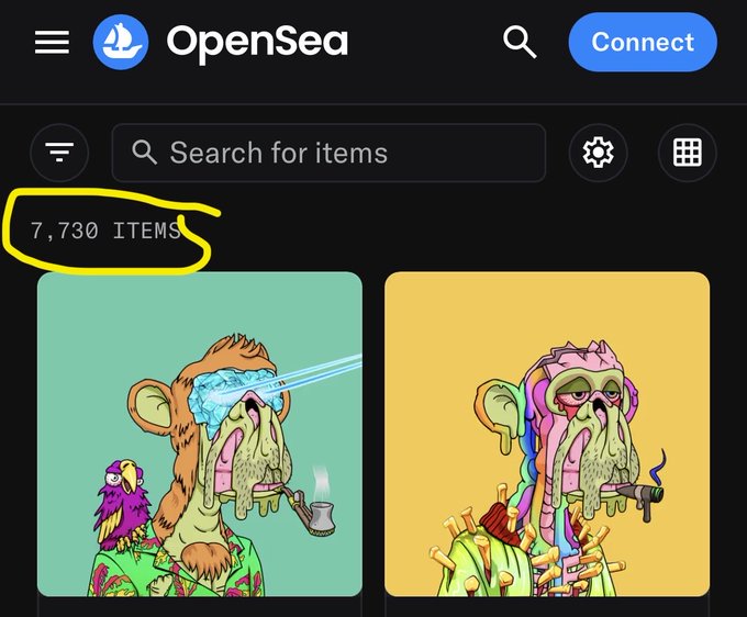 A screenshot of the OpenSea NFT marketplace displays "7,730 ITEMS" circled in yellow, showing two cartoon-style NFT artworks of distorted, stoned-looking monkeys. The image relates to the post by highlighting an NFT collection the user has amassed, showcasing their dive into digital art collecting as a community-driven hobby.