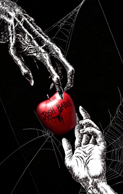 A dark, gothic illustration shows two weathered, skeleton-like hands reaching toward a bright red apple with "JOSH BABS" carved into it, set against a black background with white spiderwebs.
