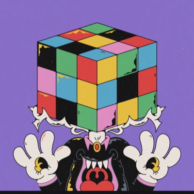 A cartoon monster with white gloves holds up a Rubik's cube-like block with missing colored stickers, reflecting the playful pop-culture humor and artistic creativity celebrated in the @wacky_ville community post.