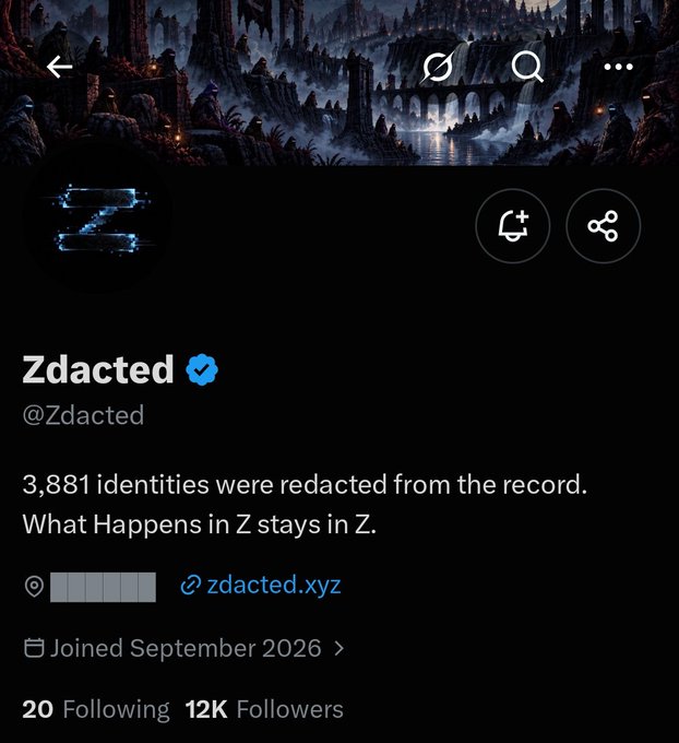 A Twitter/X profile for 'Zdacted' (@Zdacted) with the bio '3,881 identities were redacted from the record. What Happens in Z stays in Z.', a link to zdacted.xyz, showing 12K followers and a join date of September 2026.