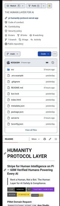 A GitHub repository page for 'pi-humanity-protocol.vercel.app' titled 'THE HUMAN LAYER FOR AI' and 'HUMANITY PROTOCOL LAYER' showing files and badges including LIVE, VERIFIED, and TESTNET.