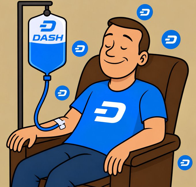 A cartoon illustration of a smiling person getting an IV drip of 'DASH' (Dash cryptocurrency), wearing a blue shirt with the Dash logo.