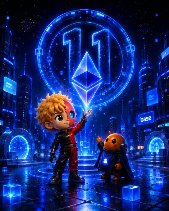 A vibrant digital artwork features a cartoon character with curly blonde hair and a red jacket pointing at a glowing Ethereum logo, accompanied by a small alien-like figure in a cape, set against a futuristic blue cityscape with a 'base' sign.