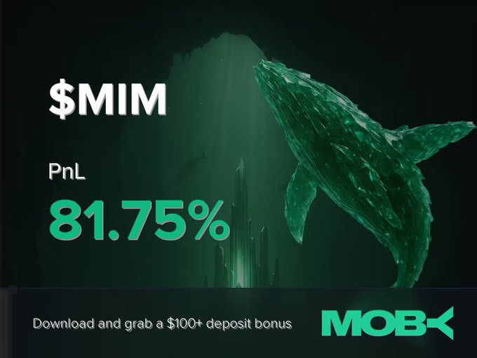 A promotional graphic for Moby featuring a large green whale breaching through dark waters, showcasing a "$MIM" position with a "PnL" of "81.75%" in glowing green text, alongside the call-to-action "Download and grab a $100+ deposit bonus" and the MOBY logo. The image visually celebrates the trader's profitable trade highlighted in the win alert post.