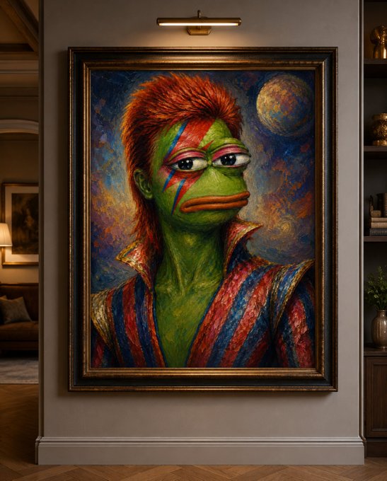 urns, vases, and a bookshelf are displayed on a white wall, accompanied by a colorful painting of a green frog with red hair and blue eyes.