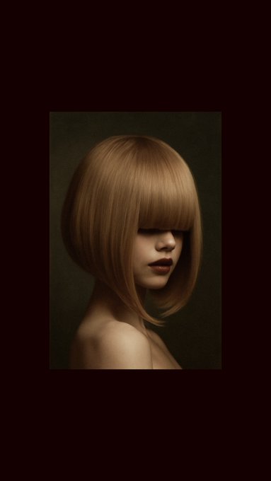 An artistic portrait of a woman with a brown bob haircut, her eyes covered by her bangs, set against a dark background.