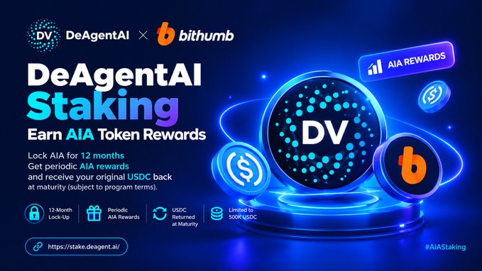 The image is a promotional banner for "DeAgentAI Staking" in partnership with Bithumb, advertising that users can lock AIA for 12 months to earn periodic AIA token rewards and receive their original USDC back at maturity, with a limit of 500K USDC and contact link https://stake.deagent.ai/. It visually reinforces the post's announcement by highlighting the 12-month lock-up, periodic AIA rewards, and USDC return on maturity through icons and large "DV" and Bithumb logos.