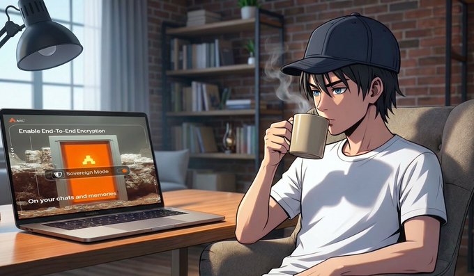 The image shows a man sitting at a desk with an open laptop computer in front of him. He is holding a cup of coffee while looking at the screen of his laptop. The background features a brick wall, which adds to the overall atmosphere of the scene. There are also several books scattered around the room, indicating that this might be a workspace or study area for the man.