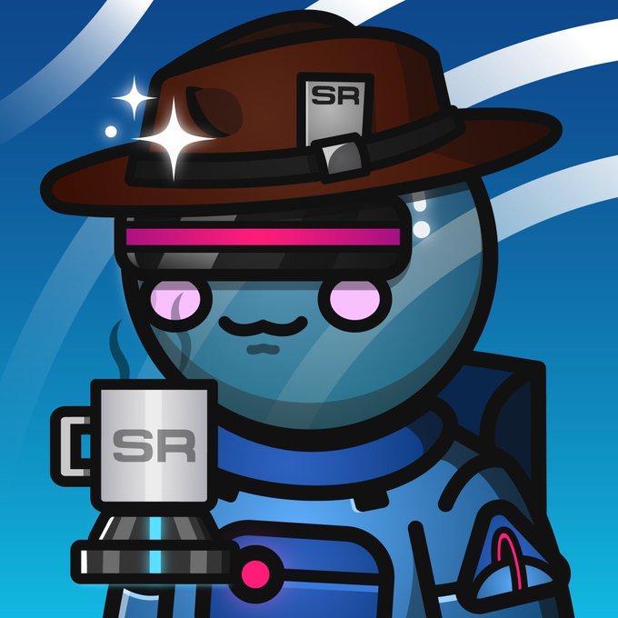 A cartoon blue Among Us-style character wearing a brown hat with "SR" text holds a steaming mug also marked "SR," matching the cheerful "GM Happy Friday!" greeting. The "SR" branding ties the cozy coffee moment to the cheerful weekend vibe.