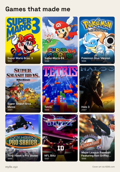 The image is a grid-style collage featuring nine classic video game cover arts arranged in three rows of three, with the title "Games that made me" at the top and the social handle "my9x.xyz" at the bottom. The games featured include Super Mario Bros. 3 (1988), Super Mario 64 (1996), Pokémon Blue Version (1996), Super Smash Bros. Melee (2001), Tetris (1989), Halo 3 (2007), Tony Hawk's Pro Skater (1999), NFL Blitz (1997), and MLB: Major League Baseball Featuring Ken Griffey Jr. (1998), each labeled with its title and release year. The cover art is credited to "IGDB.com," and the collection reflects a nostalgic lineup of iconic titles spanning the late '80s through 2007.