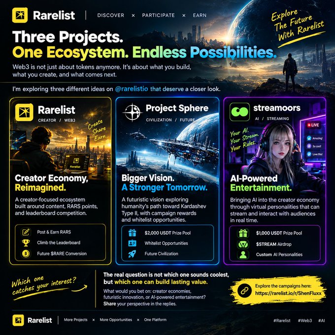 A promotional graphic for 'Rarelist' featuring three Web3 projects: 'Creator Economy, Reimagined', 'Project Sphere' ($2,000 USDT Prize Pool), and 'streamoors' ($1,000 USDT Prize Pool), with the link https://rarelist.io/r/ShenFluxx.
