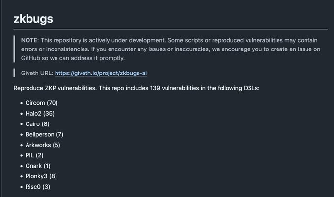 !!!ZkBugs by @zksecurity XYZ A GitHub repository of zero-knowledge bugs in blockchain products, with reproductions."
