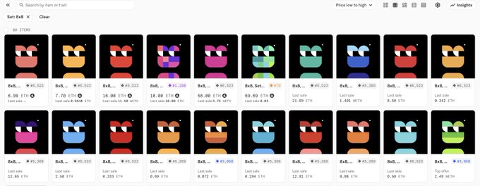 A NFT marketplace interface showing a collection of pixelated character cards ('Bait Bait') listed by 'Bait by Ram in trait1', sorted by Price low to high, with last sale prices ranging from 0.88 ETH to 12.00 ETH.