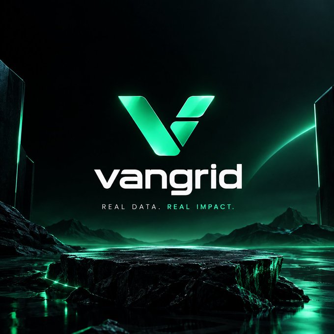 A stylized digital graphic displays the 'vangrid' logo with a glowing green 'V' emblem and the tagline 'REAL DATA. REAL IMPACT.' set against a dark, futuristic landscape featuring a rocky platform and green-lit terrain.