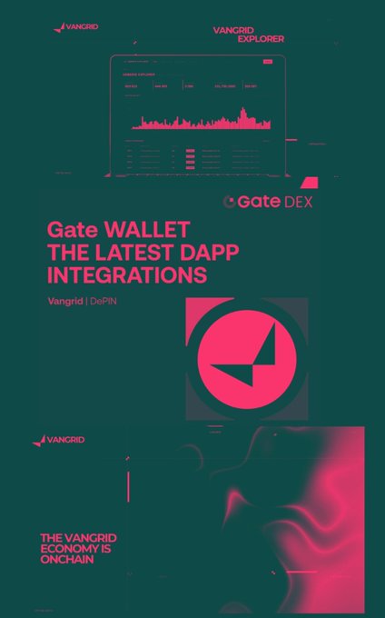 Promotional graphic for Vangrid featuring Gate DEX and Gate Wallet with text 'Gate WALLET THE LATEST DAPP INTEGRATIONS' and 'THE VANGGRID ECONOMY IS ONCHAIN.'