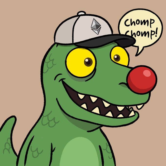 A cartoon illustration of a green, scaly monster-like character wearing a grey cap with an Ethereum logo and a red clown nose, with a speech bubble reading 'CHOMP CHOMP!'.
