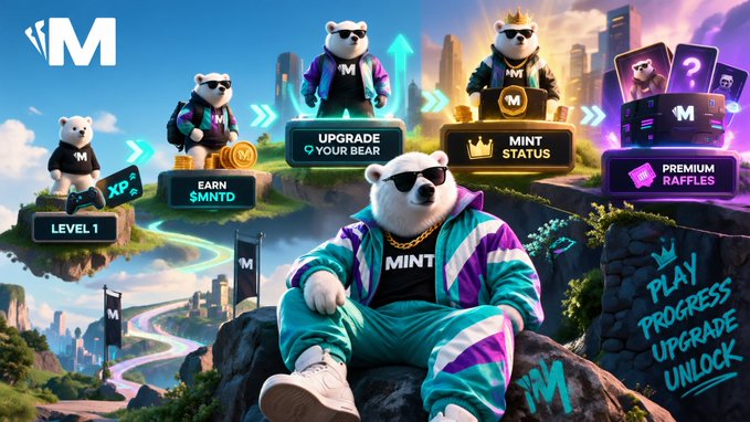 A promotional graphic for 'MINT' featuring an animated bear character in sunglasses and tracksuit, with options to 'EARN $MNTD', 'UPGRADE YOUR BEAR', 'MINT STATUS', and enter 'PREMIUM RAFFLES'.