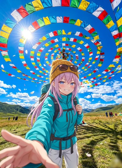 An anime-style illustration of a pink-haired girl in a teal jacket and yellow beanie reaching out toward the viewer, with colorful Tibetan prayer flags forming a spiral in the sky above a grassy landscape.