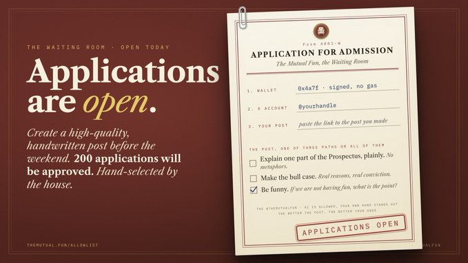 A promotional graphic announces 'Applications are open' for 'THE WAITING ROOM' by ALLTOGETHER, featuring a mock 'APPLICATION FOR ADMISSION' form for Form A001-W with filled-in details like '0x4a7f - signed, no gas' and checkboxes for application tasks.