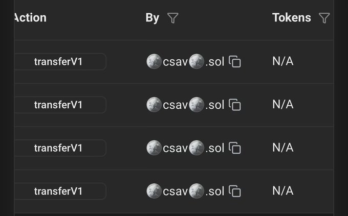 A dark-themed screenshot showing a blockchain transaction log with four 'transferV1' entries by 'csav....sol' displayed in a table with 'Action', 'By', and 'Tokens' columns.