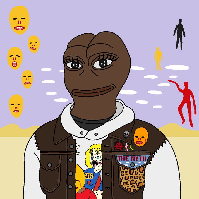 Digital illustration of a cartoon character with a large brown face, wearing a denim vest with patches including a skull, anarchy symbol, and 'THE MYTH' text, set against a purple sky with floating yellow faces and human silhouettes.