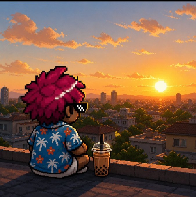 A pixel-art style image features a character with spiky pink hair wearing pixelated sunglasses and a blue floral Hawaiian shirt, sitting on a rooftop with boba tea at sunset, overlooking a cityscape.