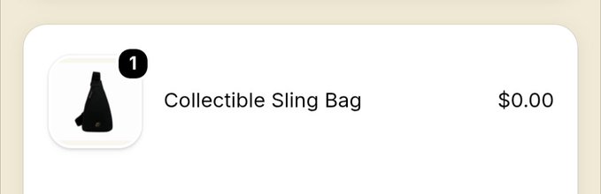 A product listing showing a "Collectible Sling Bag" priced at $0.00 with a quantity indicator of 1.