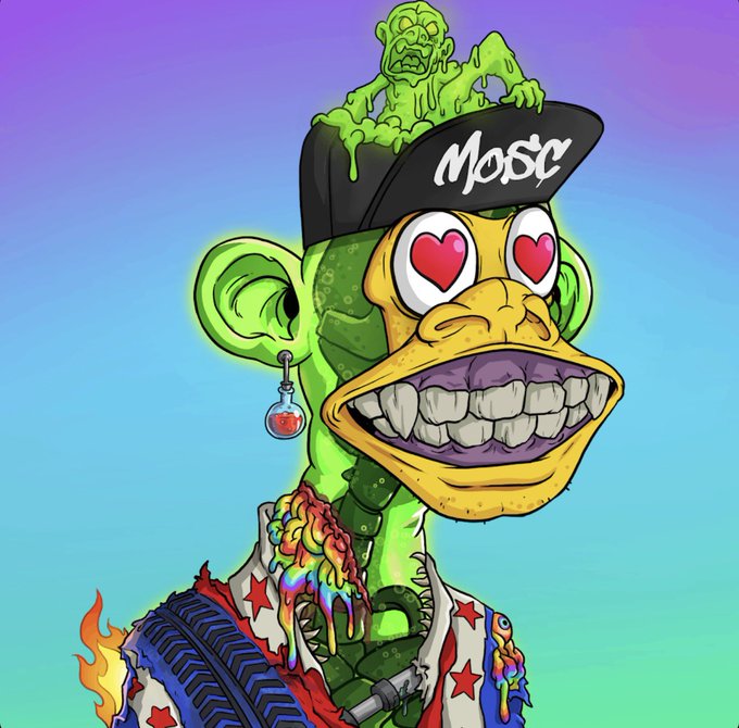 The image features a cartoon monkey wearing a hat with "MOSC" written on it, as well as a black cap with hearts on them. The monkey has a face painted on its head that looks like a human, giving it an anthropomorphic appearance. The background of the image is blue and purple, which complements the colorful attire of the monkey. There are also some text elements in the image, including "SOLANA GIVEAWAY MOSC Rules 1. Follow @soneium_j @MutantsOnSol 2.+RT+Tag A 3. Winners will be announced in 24hrs". The overall theme and style of the image suggest that it is related to a post about a contest or event involving the monkey character from "MOSC".