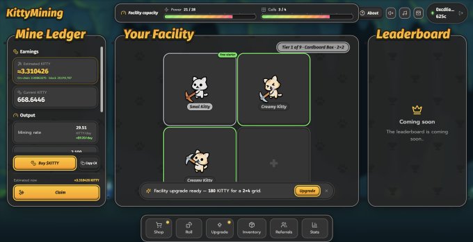 A screenshot of the 'KittyMining' web game interface showing the Mine Ledger, Your Facility (with Creamy and Smol Kitties), a Leaderboard marked 'Coming soon,' and 668.6446 KittyCoin balance.