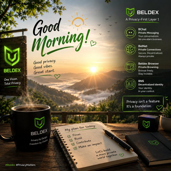 A promotional graphic for 'BELDEX', subtitled 'A Privacy-First Layer 1', featuring a sunrise over a misty valley, a steaming 'BELDEX' branded mug, and a notebook listing daily plans alongside product features like 'BChat', 'BelNet', 'Beldex Browser', and 'BNS'.