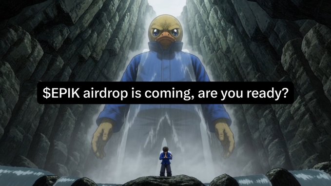 An anime-style illustration of a large character with a duck head wearing a blue raincoat standing in a rocky gorge, facing a smaller figure, with text overlay reading '$EPIK airdrop is coming, are you ready?'.