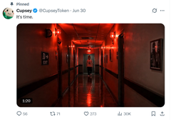 A dimly lit red-hued hallway corridor, likely from a screenshot or video, is posted alongside a crypto trading update by @CupseyToken tracking a wallet that turned a $2.37K investment in $Cupsey 37 days ago into a $21.4K profit.