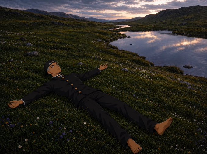 An animated character wearing a black school uniform with a hat lies on his back in a grassy meadow with wildflowers, arms outstretched, gazing up at a dramatic sunset sky reflected in a nearby lake surrounded by mountains.