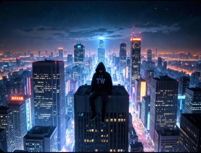 The image features a city skyline at night, with tall buildings illuminated by bright lights. A person wearing a hoodie is sitting atop one of these buildings, looking out over the cityscape below. The scene appears to be part of an advertisement or promotional material for Bitcoin, as indicated by the text "هنتظر لاخر الشهر وهشوف الاغلاق ولو حصل الاغلاق اللي انا محتاج اشوفه هقولك ان شاءالله $ETH $BTC".