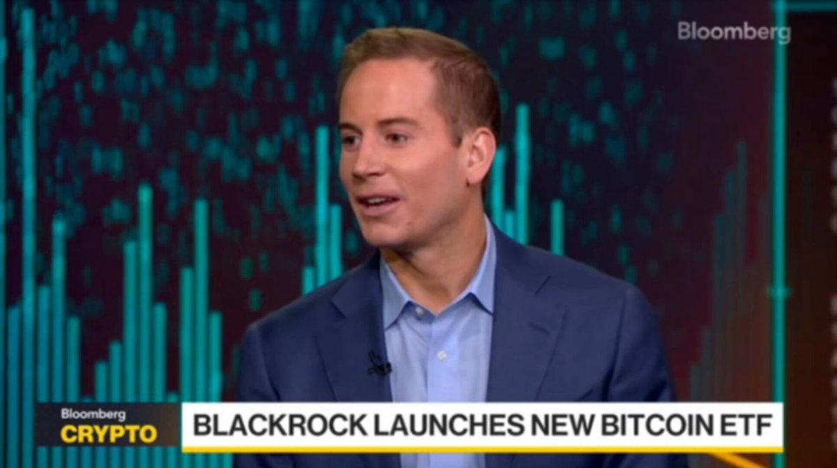 The image features a man wearing a blue shirt, standing behind a desk with a computer screen displaying an article about Bitcoin. The man appears to be talking or presenting something related to Bitcoin, possibly discussing its potential impact on institutional investors.