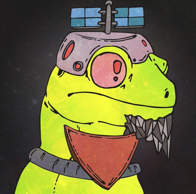 A cartoon drawing shows a green dinosaur wearing a metal helmet that has a satellite attached to it, set against a starry background.