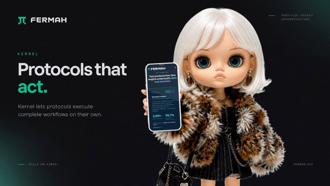 A promotional banner for Fermah featuring a doll-like figure with white hair holding a smartphone, with the text 'Protocols that act' and 'Kernel lets protocols execute complete workflows on their own.'