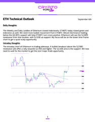 Another page from the "BTC Technical Outlook" document, showing a different technical chart with blue and purple lines and moving average indicators.